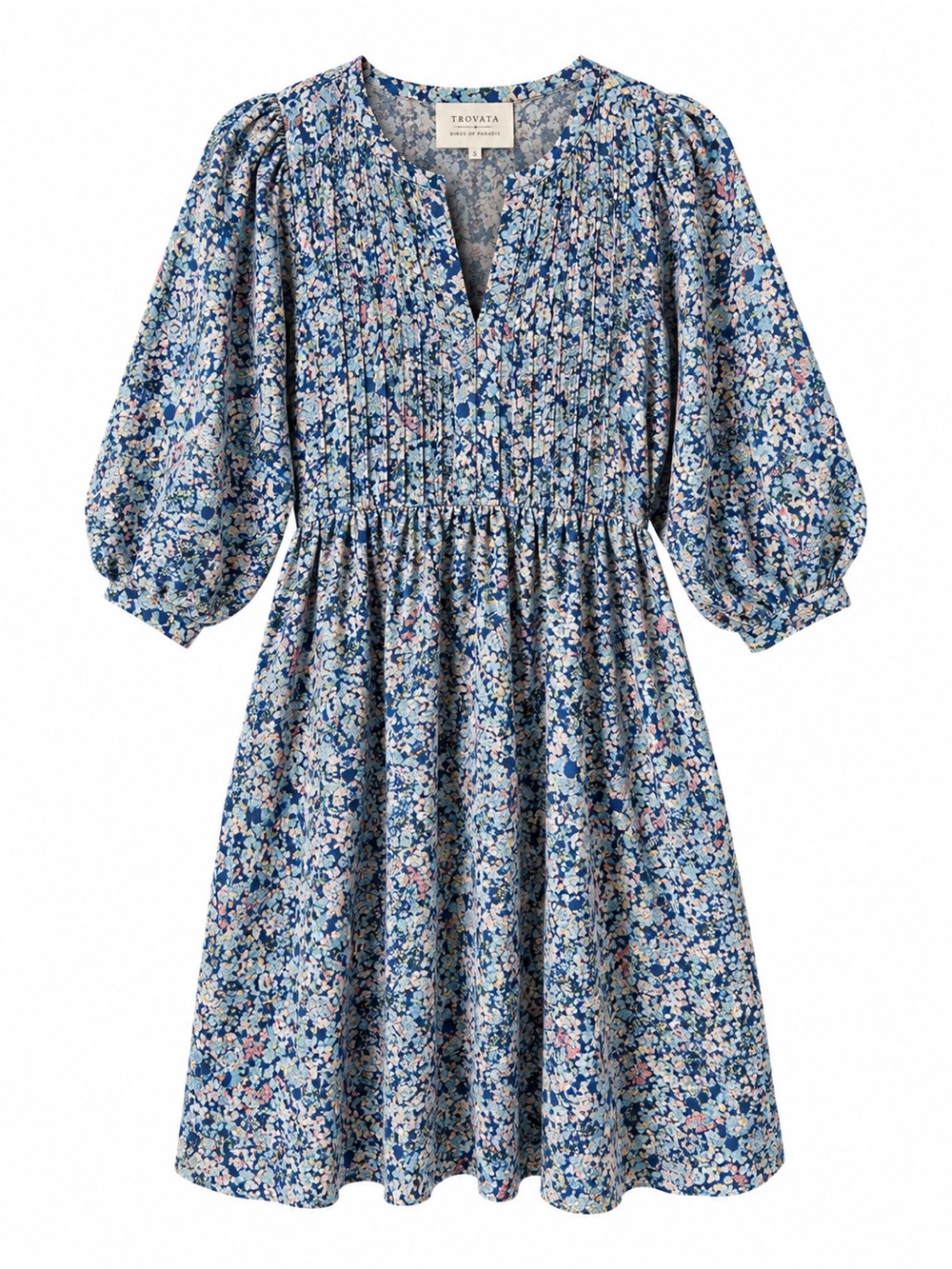 Trovata Birds of Paradis Paola Blue Floral Pintuck Boho Dress Size small
